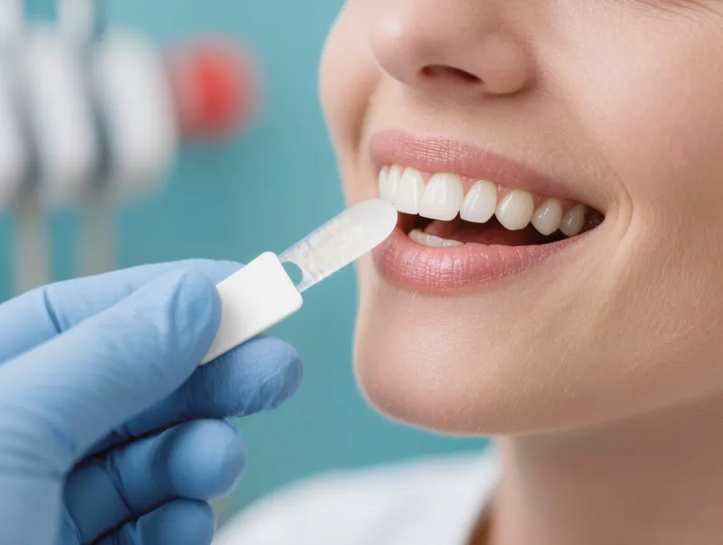 Escala de clareamento ao lado de um sorriso branco
